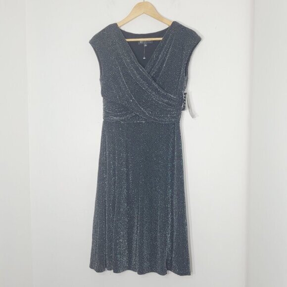 Jones New York NEW Black Metallic Glitter Sleeveless Knee Length Faux Wrap Dress - Picture 1 of 10
